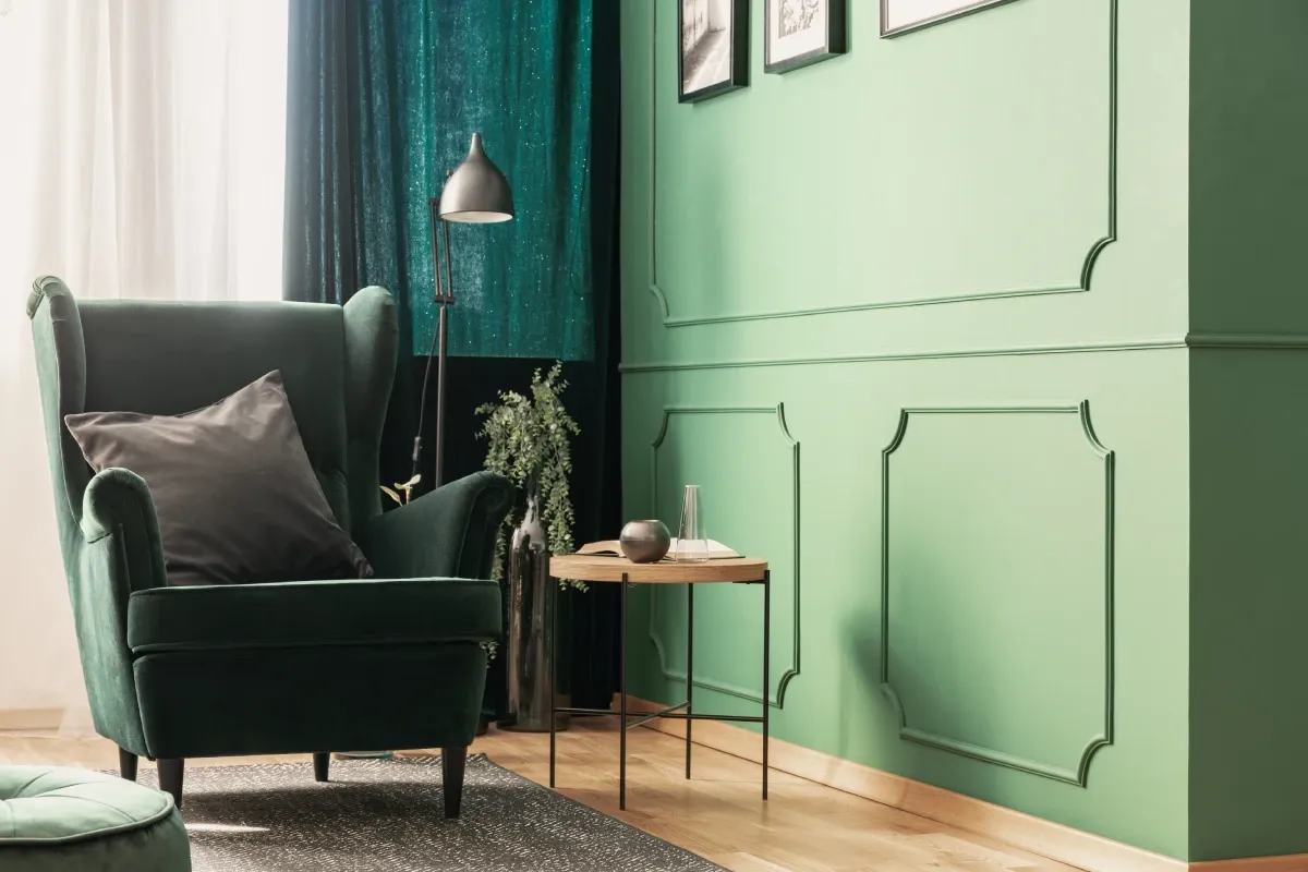 Deep forest green interior with natural light