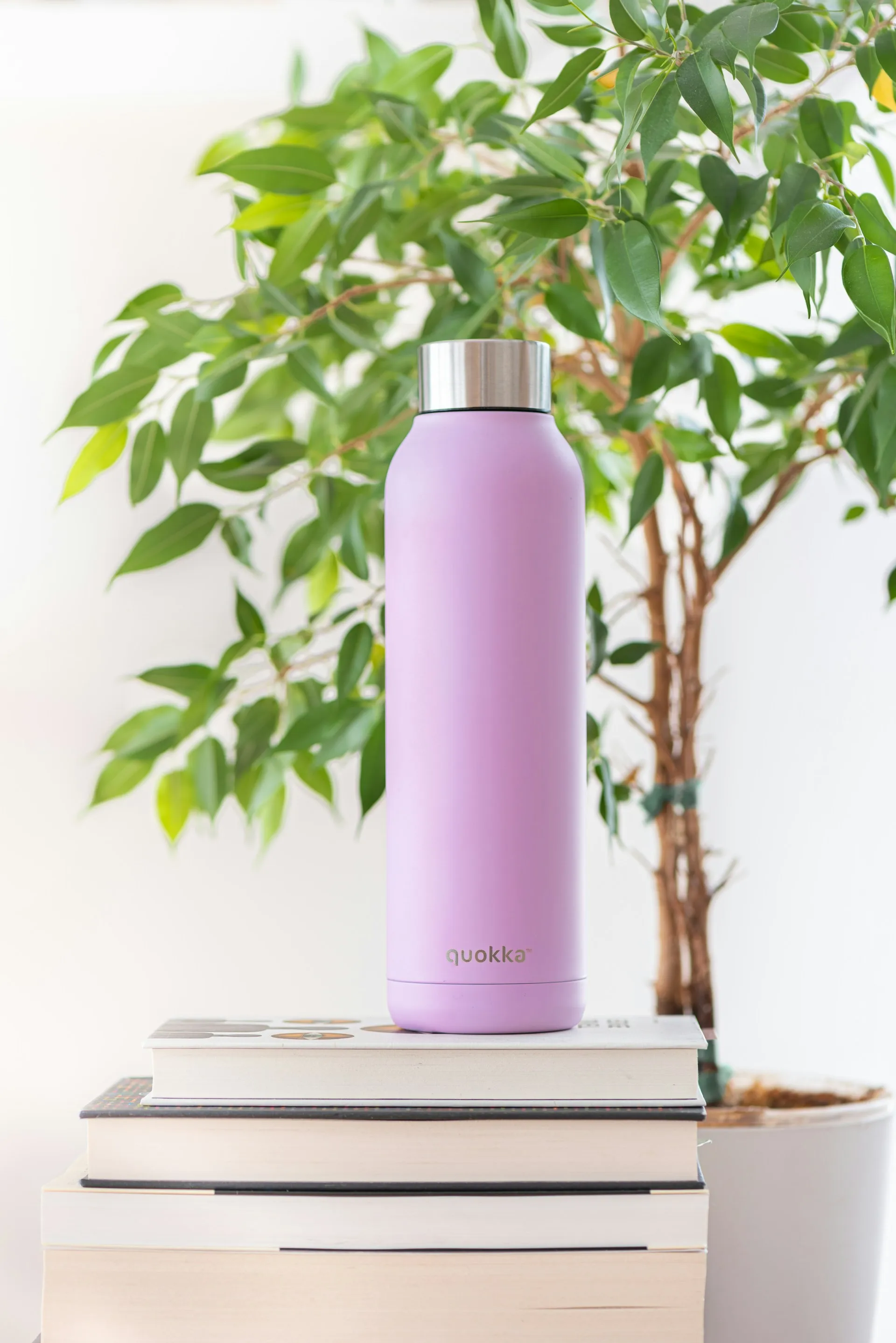 Insulated stainless steel water bottle on a kitchen counter