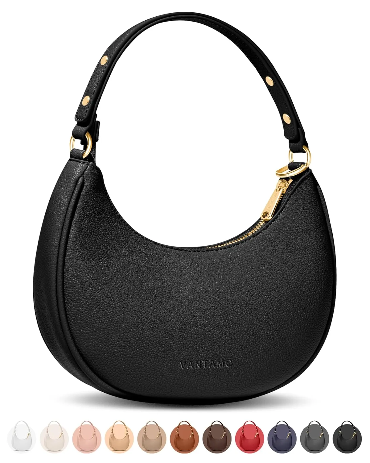 Vantamo Crescent Bag — front view, half-moon shape and smooth PU leather