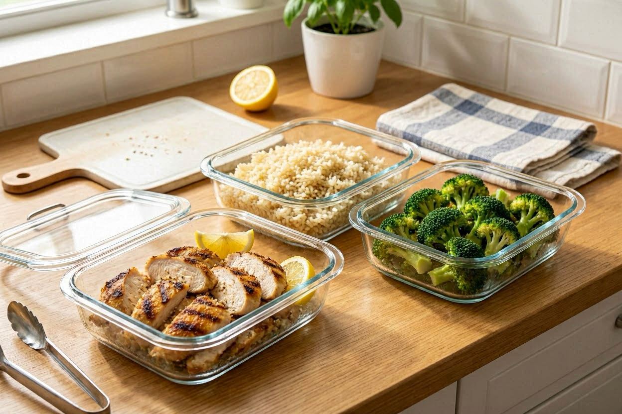 Healthy meal prep containers with balanced nutrition