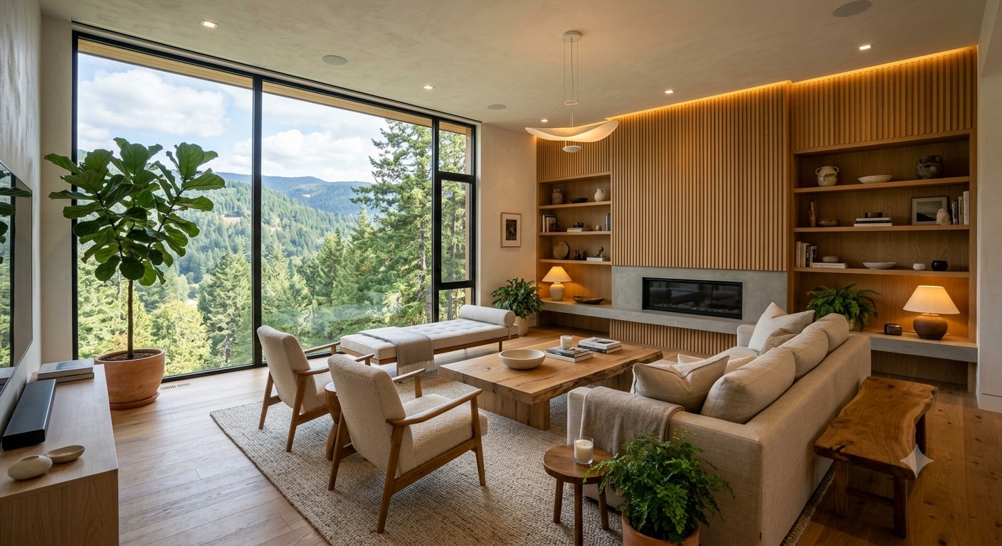 Modern interior with natural elements and warm lighting
