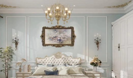 Crystal chandelier in a luxury bedroom