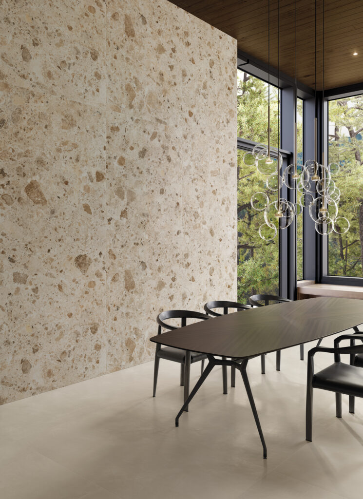 Warm neutral interior with silvery stone surfaces