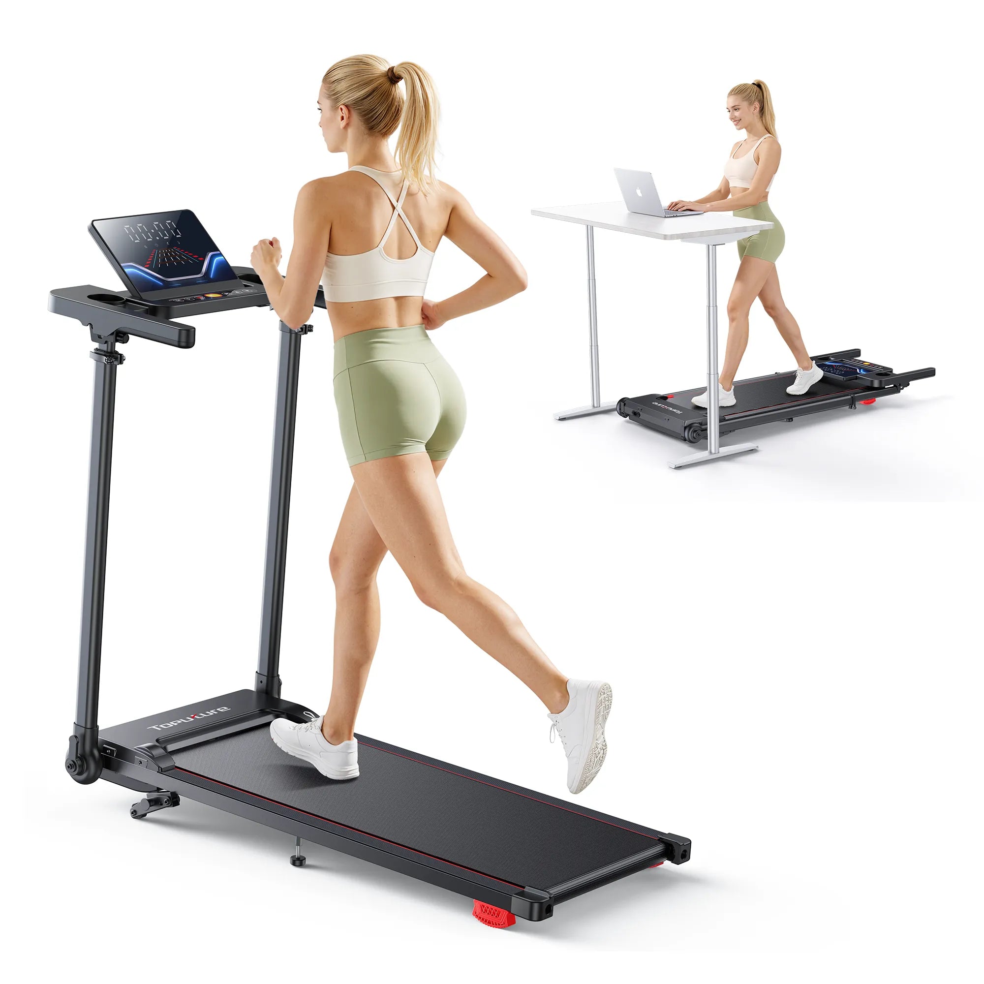 Compact standing desk treadmill with built-in laptop desk for home office walking