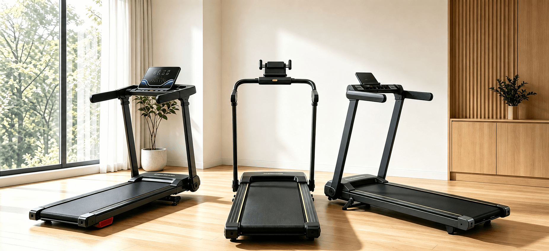 A modern folding home treadmill in a bright living space