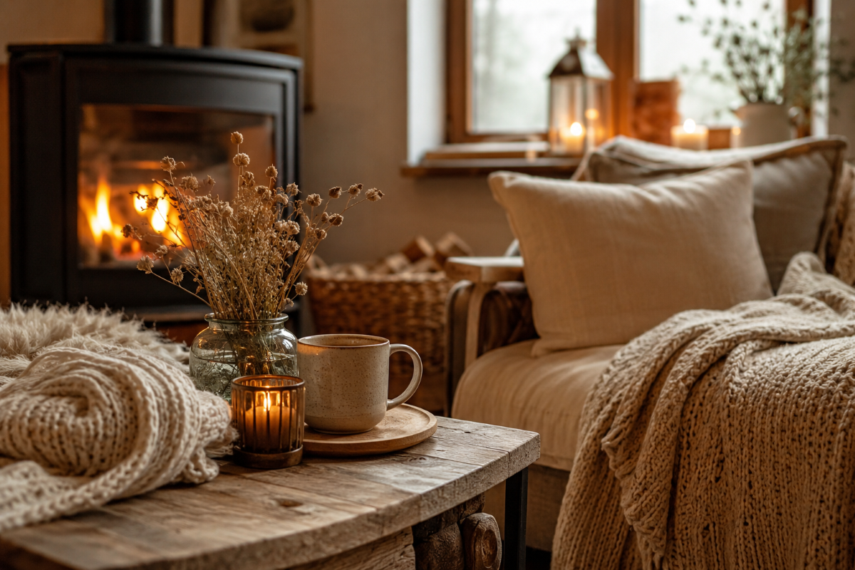 Hygge living room with warm textures and ambient lighting
